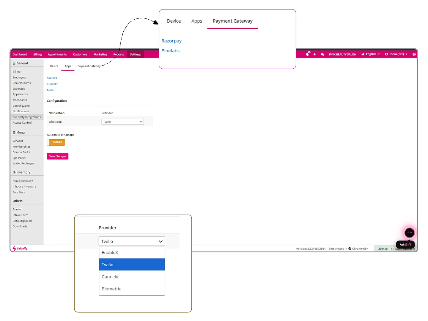 The Salonify Settings screen's Payment Gateway tab listing Razorpay and Pinelabs, and the WhatsApp notification provider dropdown showing Twilio, EnableX and Cunnekt