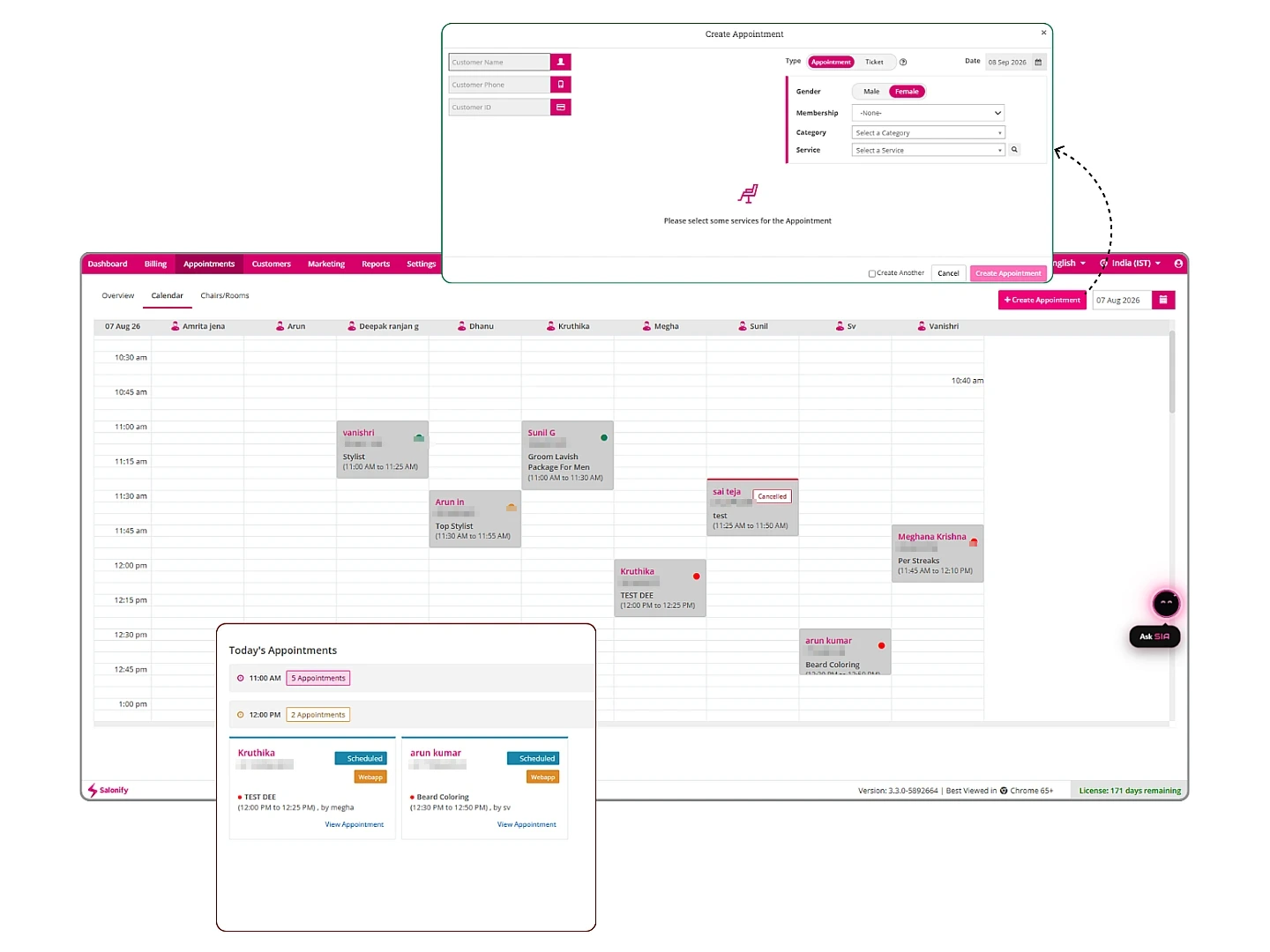 The Salonify appointment calendar showing every stylist's schedule for the day, the Create Appointment dialog, and a Today's Appointments summary panel