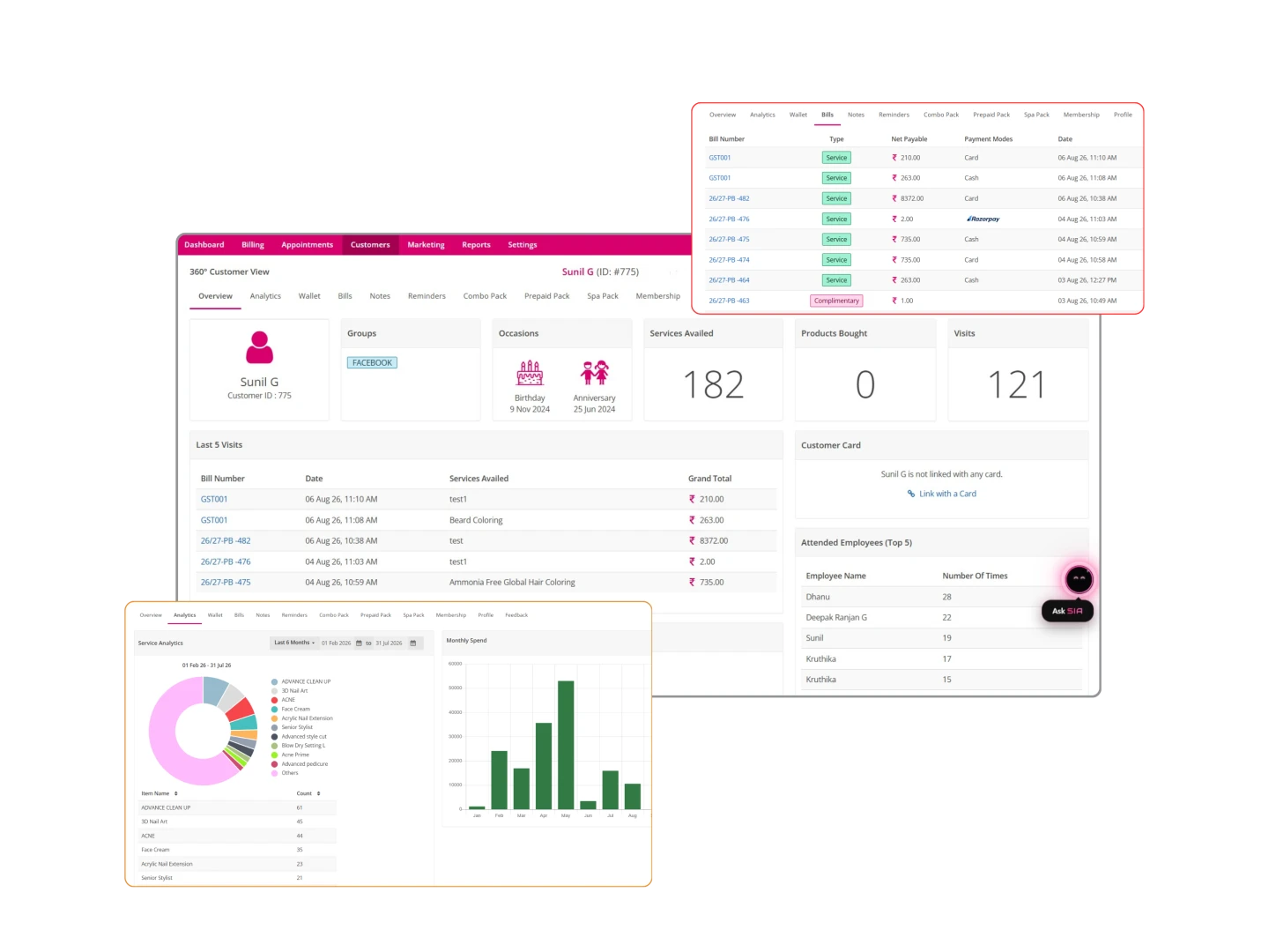 The Salonify 360-degree customer view showing a client profile with services availed, visit count, last five visits, billing history and service analytics