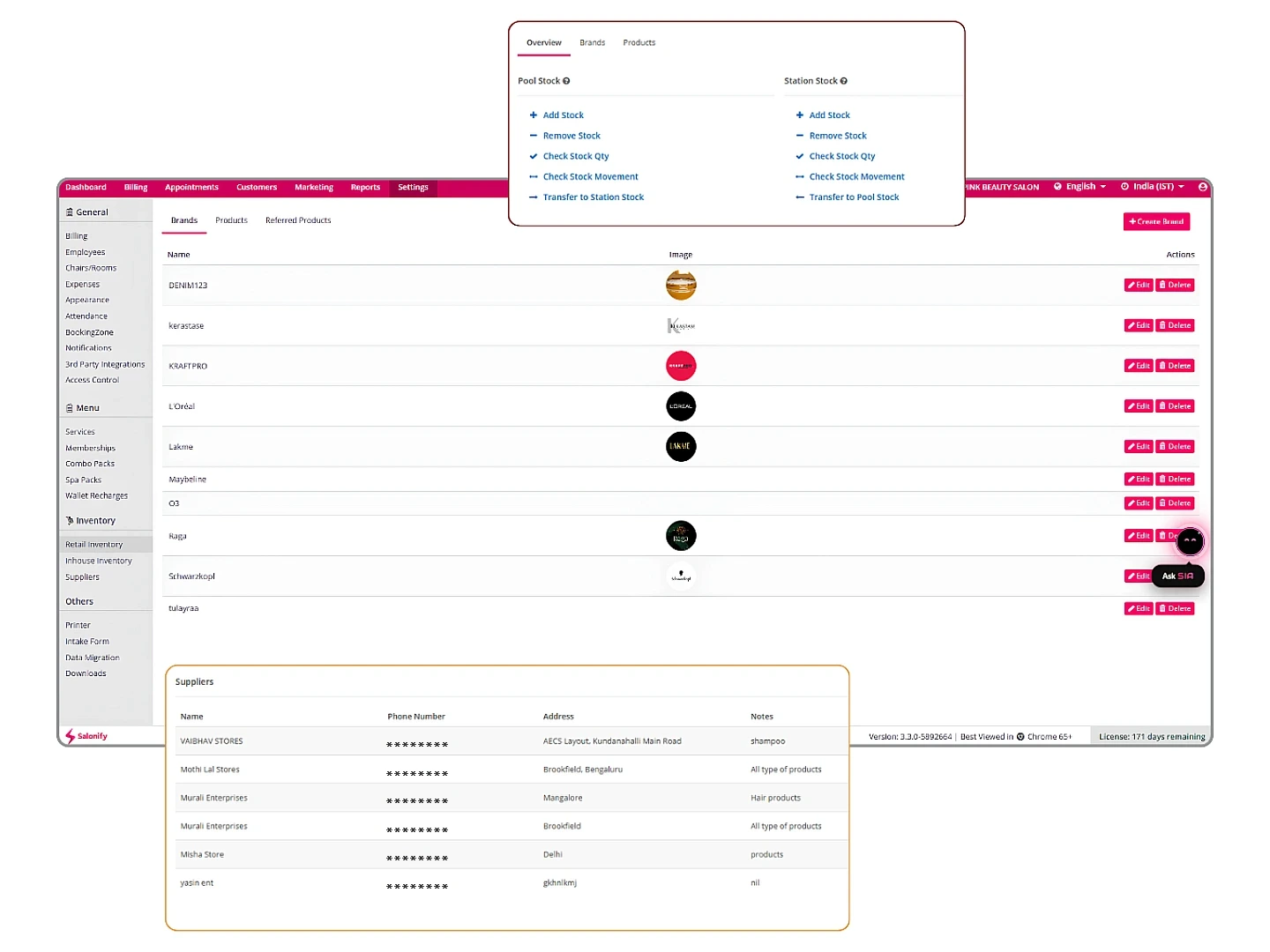 The Salonify Retail Inventory screen showing brand stock levels, Pool Stock and Station Stock controls, and a Suppliers list with contact details
