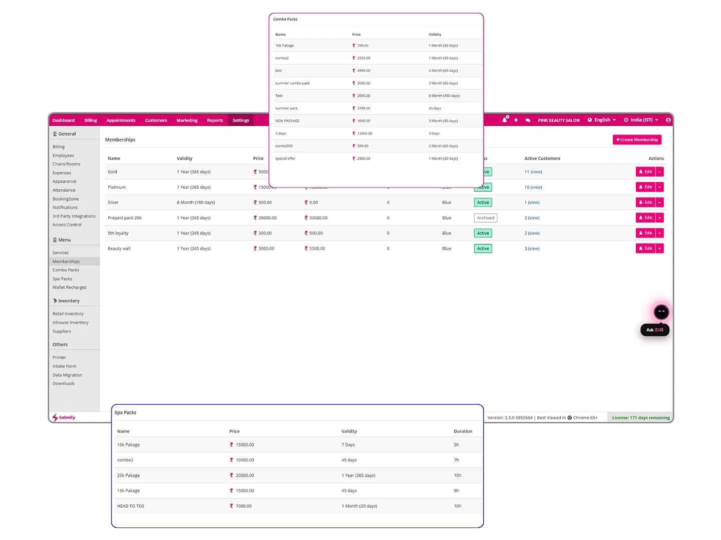 The Salonify Memberships screen listing membership tiers with pricing and active customers, alongside the Combo Packs and Spa Packs price lists