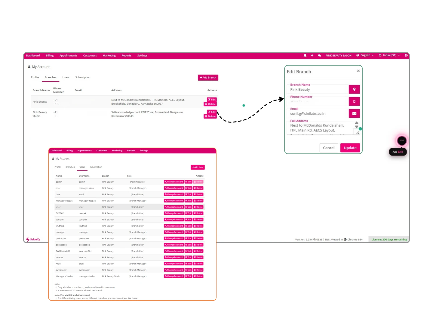 The Salonify multi-branch screen: a branch list with each outlet's contact details and address, the Edit Branch dialog, and the Users tab assigning staff to a branch with administrator, branch manager and branch user roles