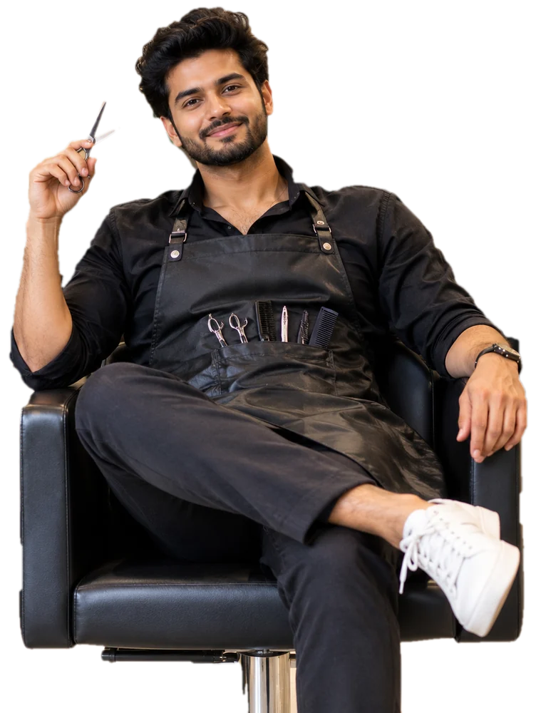 Smiling salon stylist holding scissors, seated in a salon chair