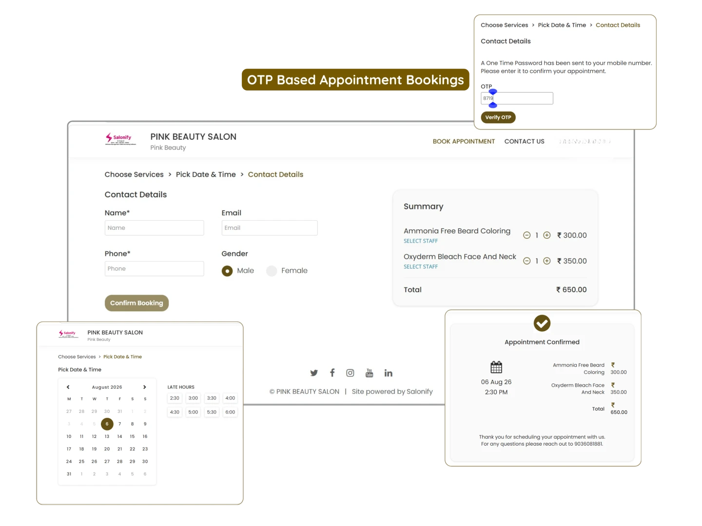The BookingZone booking page: choosing services, picking a date and time, OTP verification and a confirmed appointment