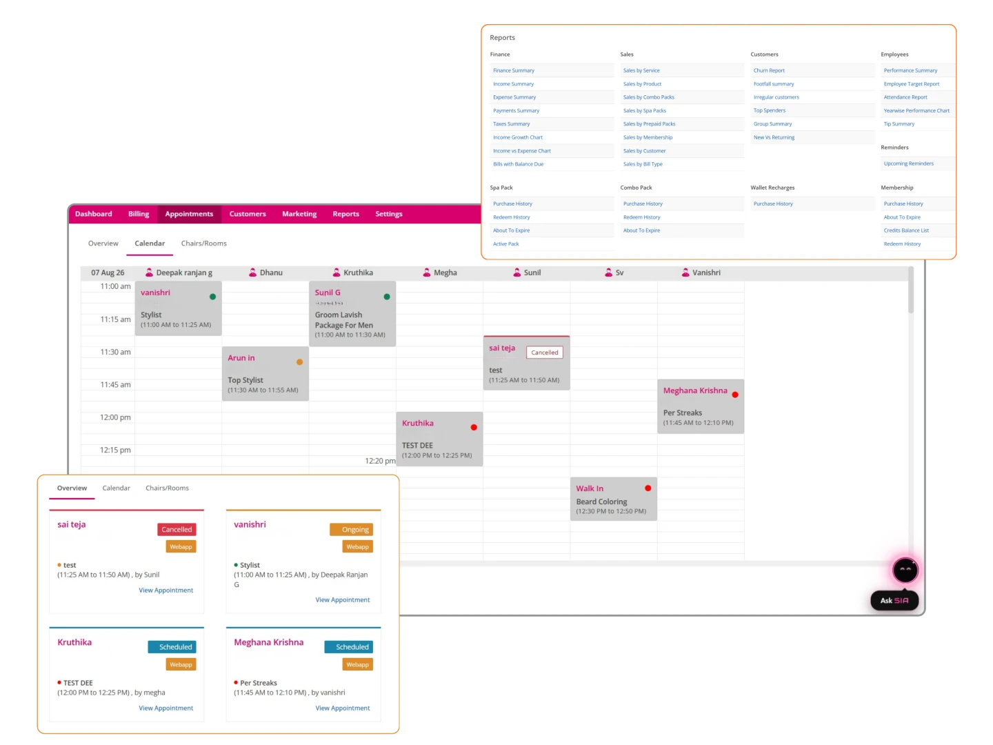 The Salonify appointment calendar showing bookings by staff member, alongside the reports menu and today’s appointment overview
