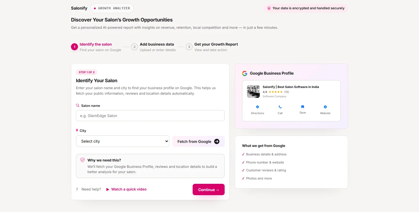 SARA Growth Analyzer identifying a salon from its Google Business Profile
