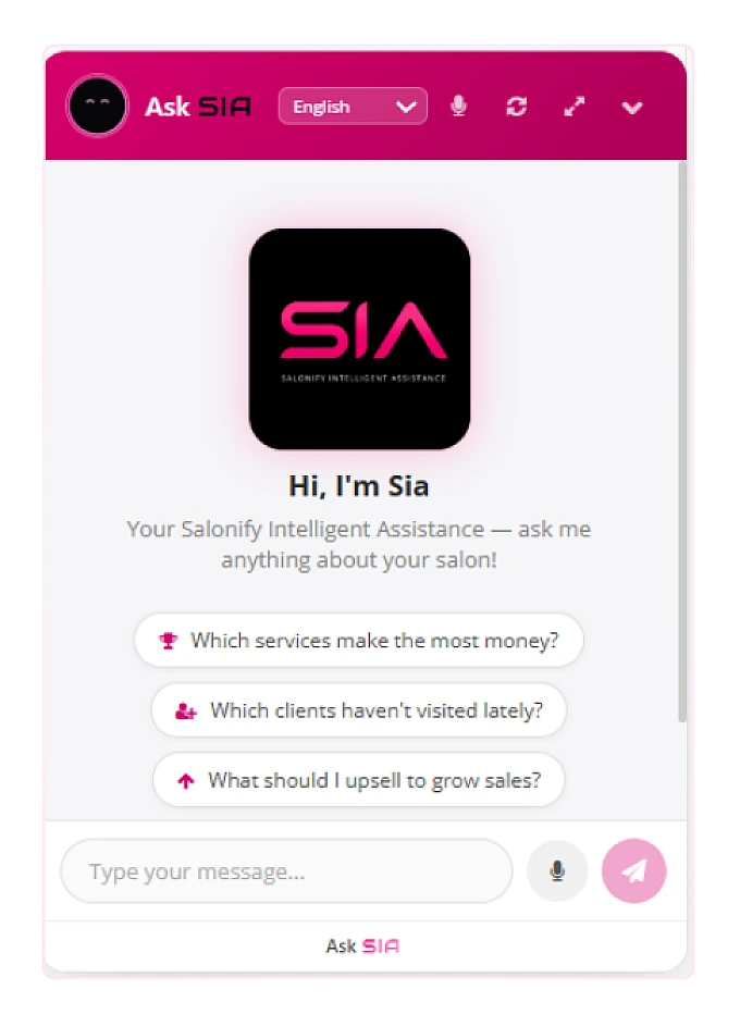 The Ask SIA chat assistant welcome screen with suggested questions such as which services make the most money, which clients haven’t visited lately, and what to upsell to grow sales