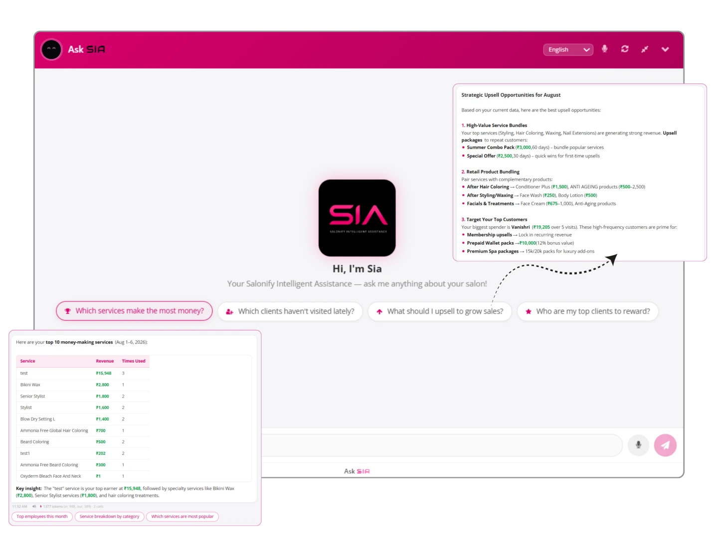 The Ask SIA assistant answering questions about a salon’s top services, upsell opportunities and best customers
