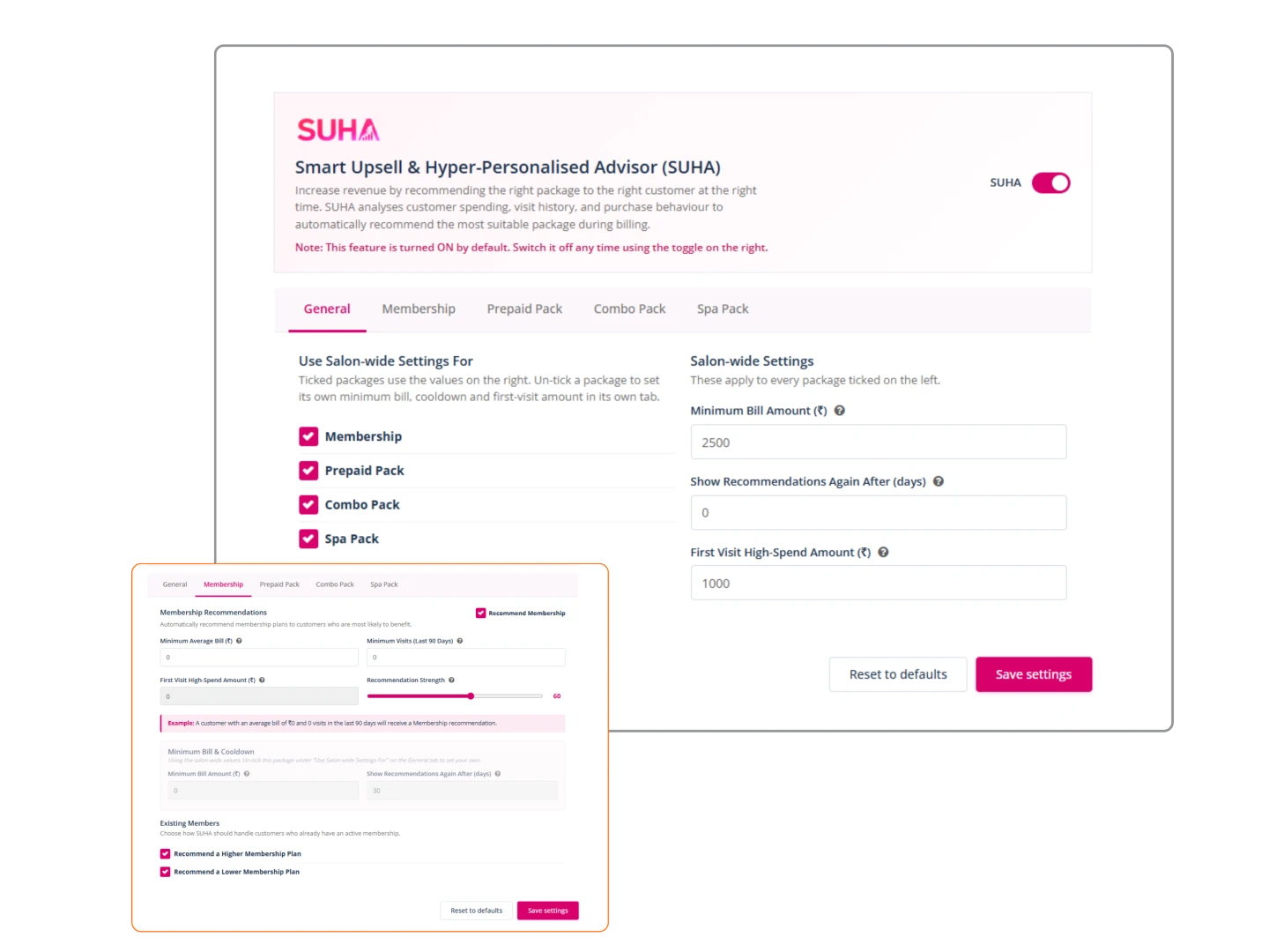 The SUHA settings screen in Salonify, where a salon turns on smart upsell recommendations and sets the minimum bill, cooldown and first-visit amounts for memberships, prepaid, combo and spa packs