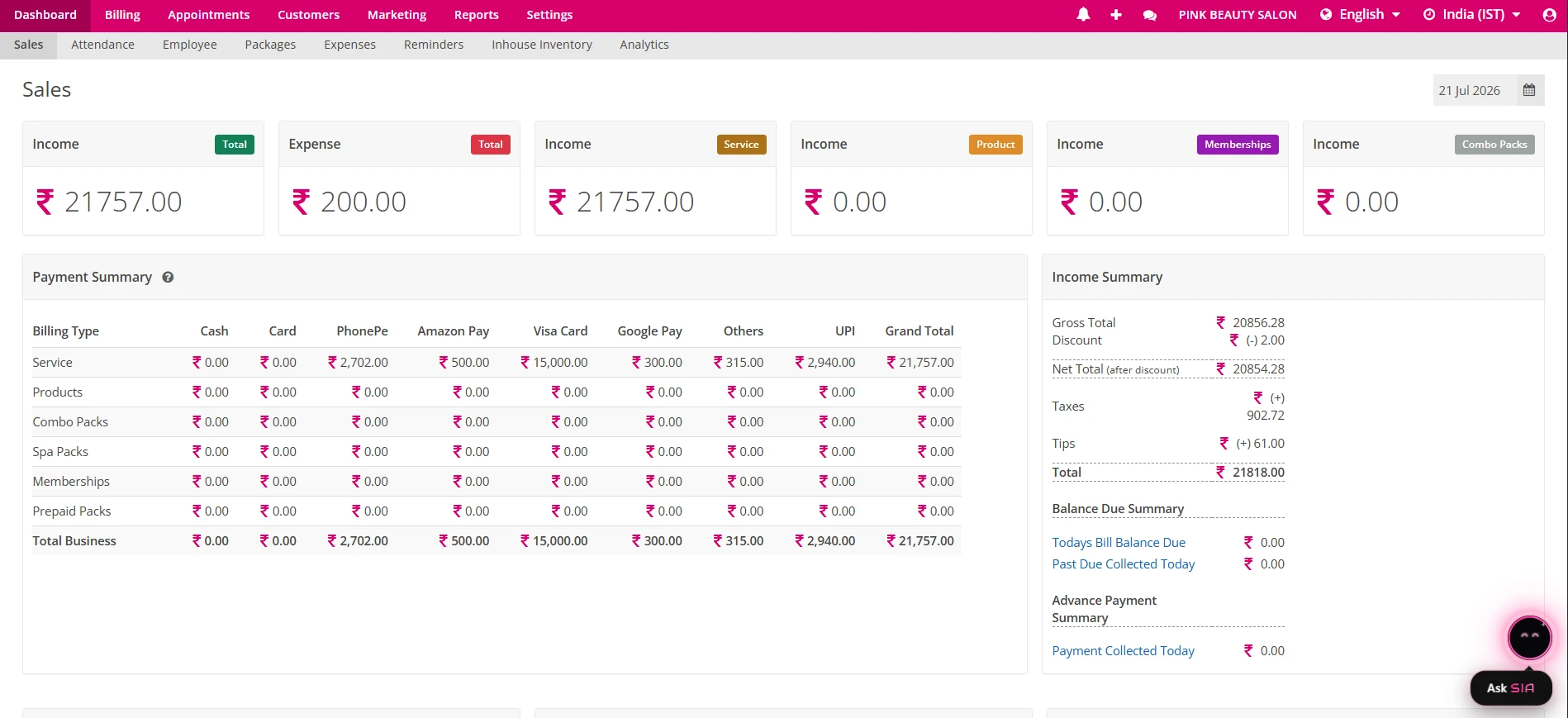 The Salonify dashboard showing daily income, expenses and a payment summary, with the Ask SIA AI assistant button