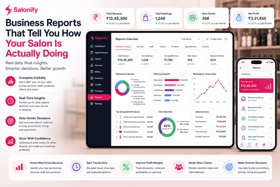 Salon business reports and revenue dashboards in Salonify