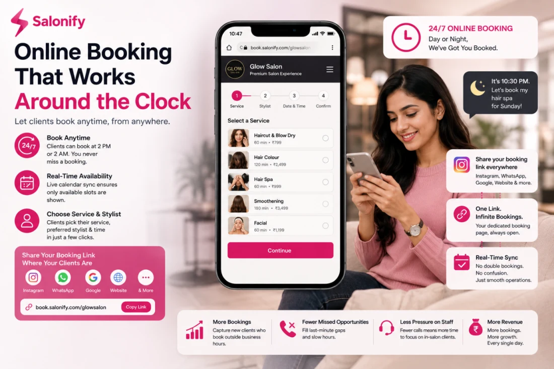 24/7 online booking page for salons in Salonify