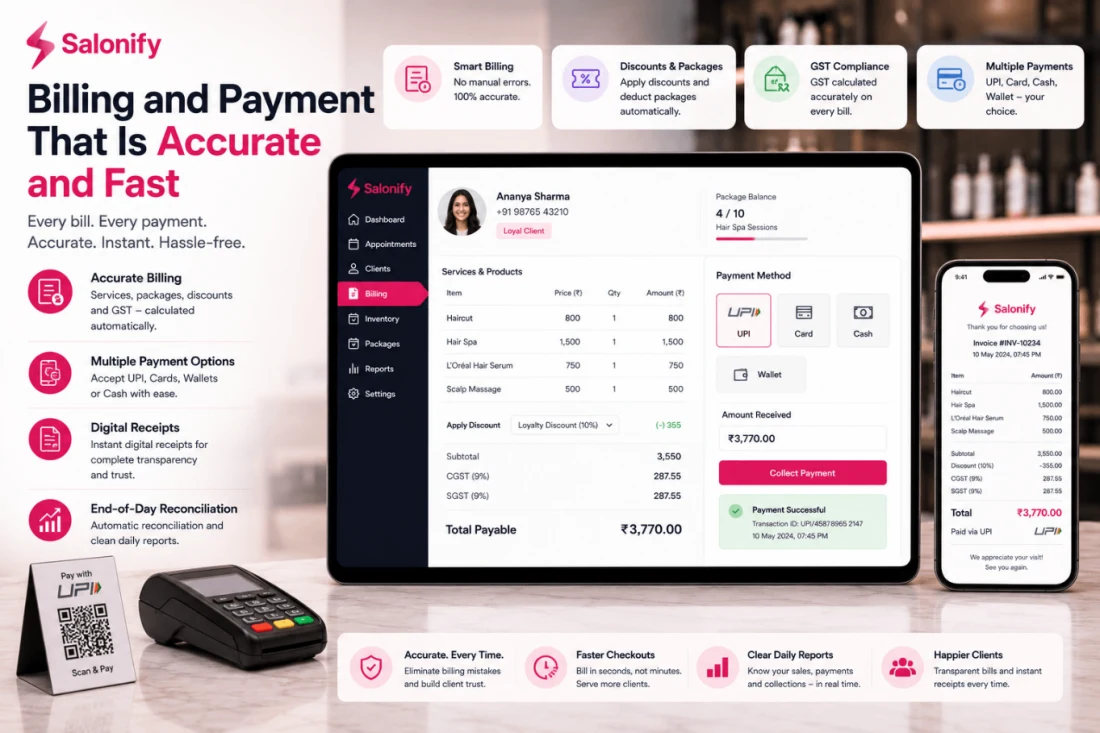 Fast POS billing with GST and multiple payment modes in Salonify