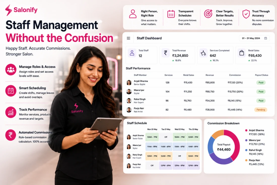 Staff scheduling, roles and commission tracking in Salonify