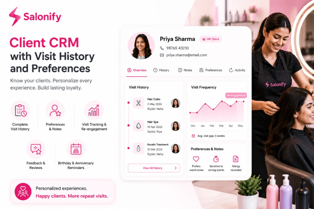 Client CRM with visit history and preference tracking in Salonify
