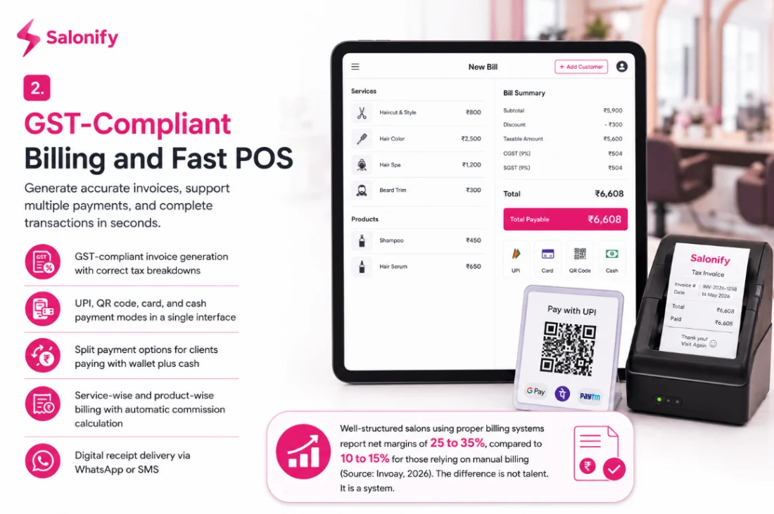 GST-compliant billing and fast POS checkout in Salonify